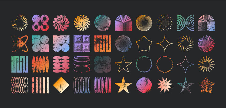 Brutalist geometric shapes, modern grunge symbols. Simple primitive elements and forms, distressed details. Retro design, aged, vintage, trendy contemporary minimalist style, y2k. Vector illustration