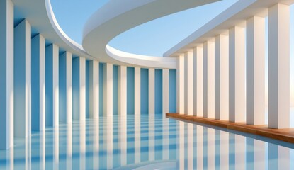 Fototapeta premium Minimalist modern architecture with white columns, curved roof and reflective pool in soft light