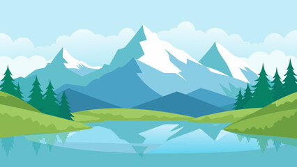 Fototapeta premium Alpine Lake Meadow Flat Vector Landscape