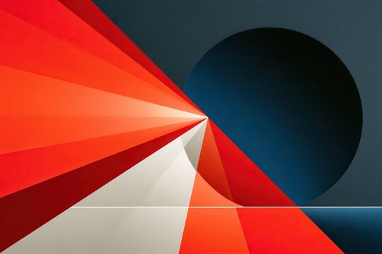 Abstract geometric minimalist design with bold red rays and a large dark blue circle focal point