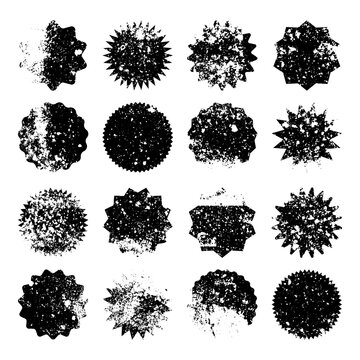Grunge badges, distressed starburst labels, textured sale tags set. Collection of rough vintage shapes with ink splatter and scratched edges for stickers, branding and promotions. Vector illustration