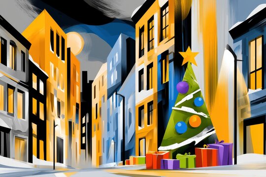 Stylized Christmas tree with colorful gifts, narrow city street, vibrant winter evening atmosphere
