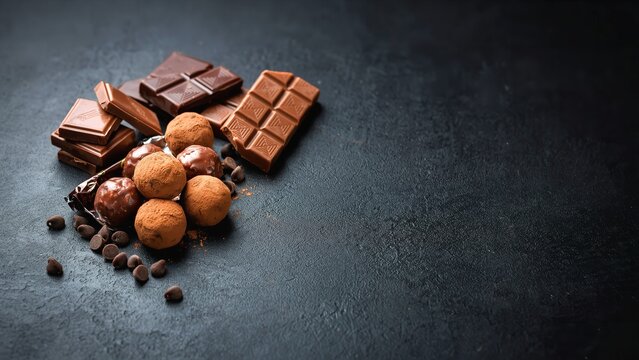 Assorted chocolate truffles and chocolate bars on dark background