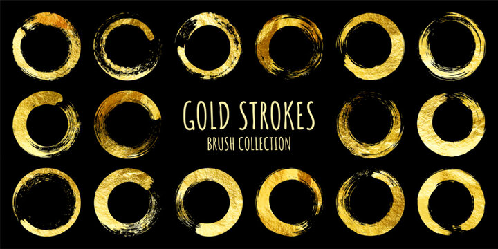 Golden grunge circles, brush strokes, lines, ink smudges, hand-drawn scribble shapes. Handmade sketchy marks, acrylic stains, charcoal streaks. Paint textures, dry brush effect. Vector illustration