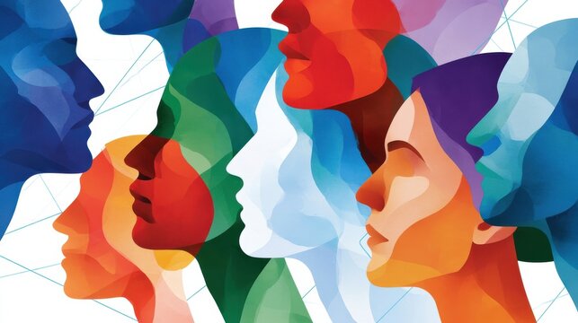 Colorful abstract human head silhouettes representing diversity, connection and collaborative thinking