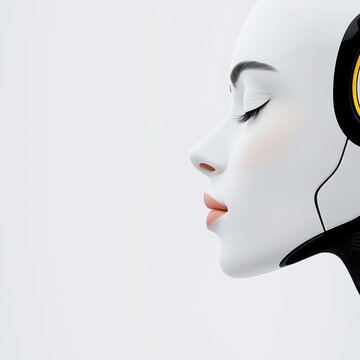 Sleek humanoid robot portrait with soft warm face and calm futuristic expression