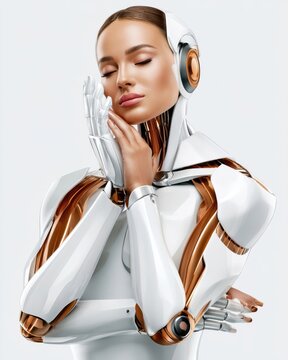 Serene humanoid robot portrait with warm human-like face and futuristic white armor