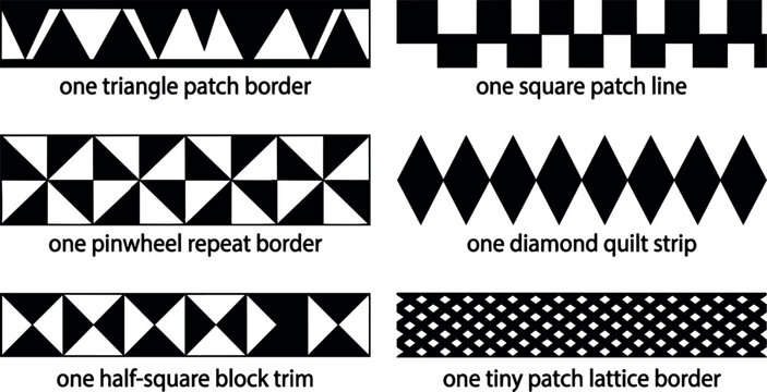 Black and white geometric patchwork borders with triangle square pinwheel diamond lattice patterns
