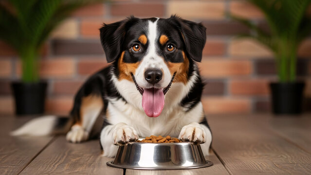 Adorable Australian Shepherd puppy eagerly waiting for food with a happy expression and bright eyes in a cozy home setting with plants in the background