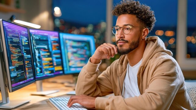 Software developer working late at desk with three monitors coding in a modern home office