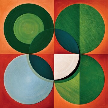 Abstract geometric circles in green and orange with overlapping shapes and textured paint surface