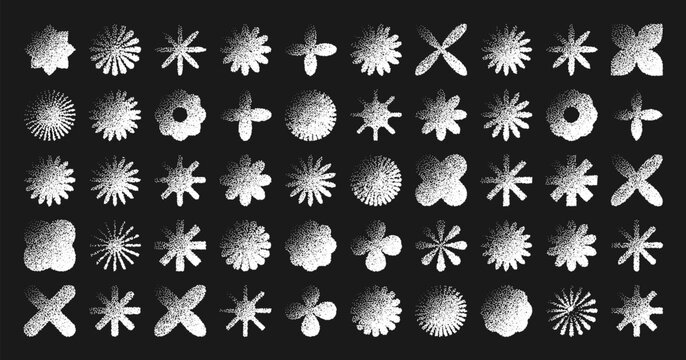 Brutalist geometric shapes, dotted objects. Stipple elements modern symbols. Simple primitive forms. Retro design, trendy contemporary minimalist style, y2k. Dot shading, drawing. Vector illustration