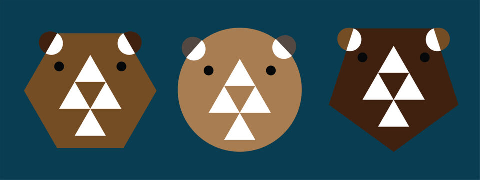 Modern geometric bear face icon collection featuring three minimalist bear designs created from simple abstract shapes in different brown color palettes. This clean vector illustration is perfect for 