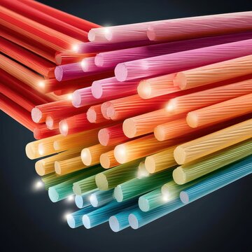 Colorful glowing optical fibers close-up bundle with cleaved ends and light reflections