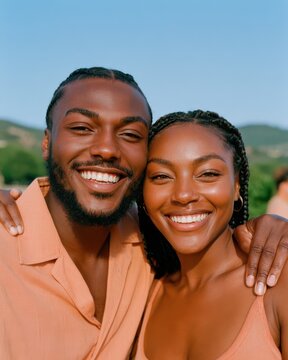 Smiling young Black couple enjoying a sunny outdoor portrait together, happy and affectionate