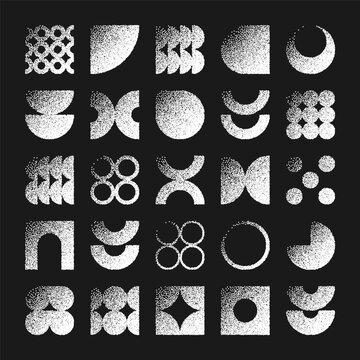 Brutalist geometric shapes, dotted objects. Stipple elements modern symbols. Simple primitive forms. Retro design, trendy contemporary minimalist style, y2k. Dot shading, drawing. Vector illustration