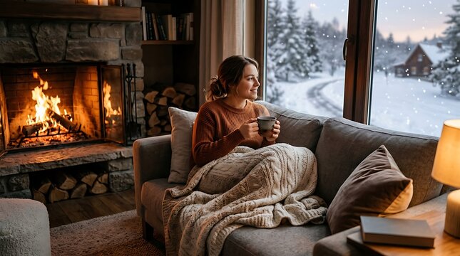 Young woman enjoying a hot drink by the fireplace in a winter cabin