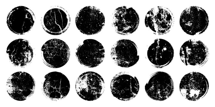 Grunge circles with stains and scratches. Circle brush stroke, round shape design element. Distressed dirty text frame, border, sticker or label. Paintbrush, ink stains. Vector illustration