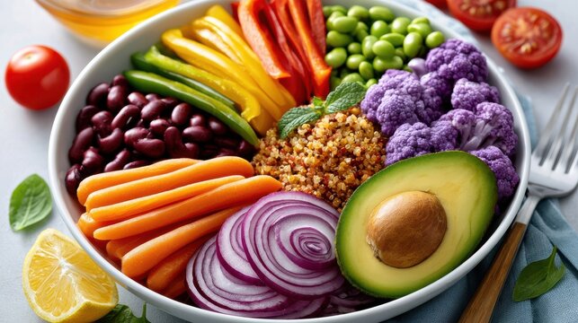 Vibrant healthy Buddha bowl with quinoa, avocado and colorful fresh vegetables for lunch