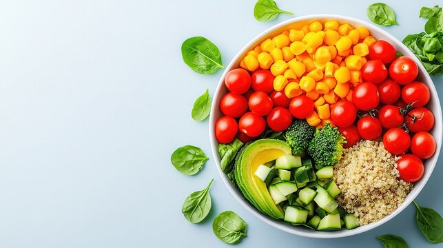 Vibrant healthy Buddha bowl with quinoa, avocado, cherry tomatoes and colorful vegetables