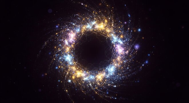 Spiral galaxy with bright star clusters and dust lanes.