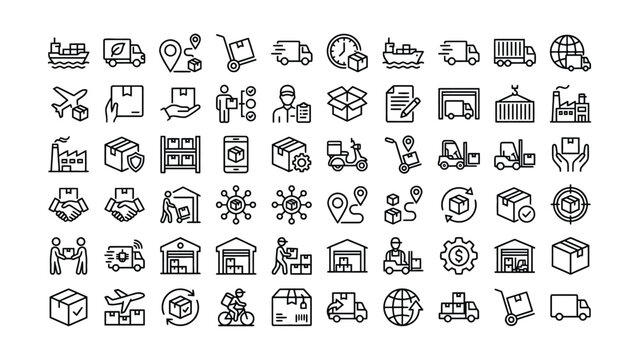 Logistics and transportation icons set including trucks airplanes ships warehouses boxes and delivery related symbols for business and shipping concepts