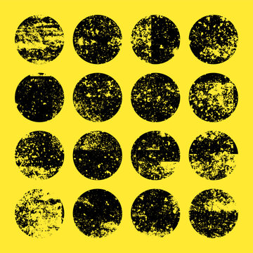 Various grunge circles with stains and scratches. Circle brush stroke, round shape design element. Distressed dirty text frame, border, sticker or label. Paintbrush, ink stains. Vector illustration