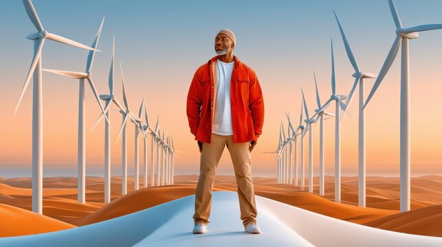 Wind turbine technician standing on blade at sunset on a renewable energy wind farm
