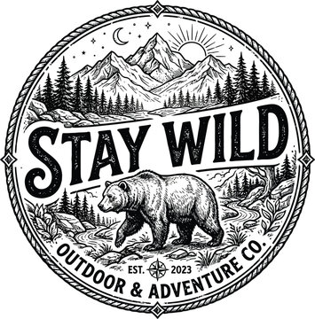 Stay Wild outdoor adventure logo with bear and mountains
