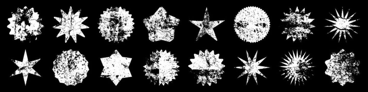 Grunge badges, distressed starburst labels, textured sale tags set. Collection of rough vintage shapes with ink splatter and scratched edges for stickers, branding and promotions. Vector illustration
