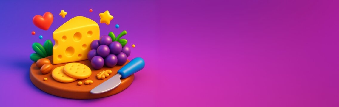 Colorful cheese platter with crackers, grapes, knife, and abstract elements on wooden board with vibrant purple background and copy space on right. Ai generative