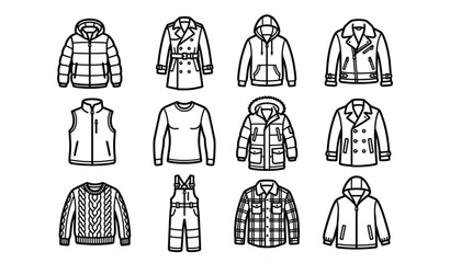 Winter outerwear icons vector set black and white puffer jacket clothing collection © Rajib