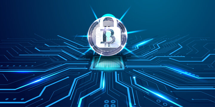 Crypto currency security concept with bitcoin logo and lock icon over blue circuit board background.