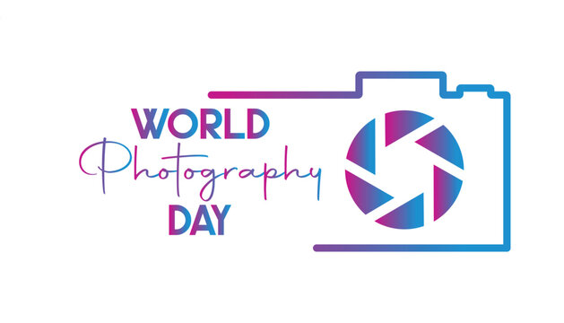 World Photography Day horizontal banner with a linear camera outline and shutter lens in a pink and blue gradient. Vector typography logo design for the August 19 holiday.