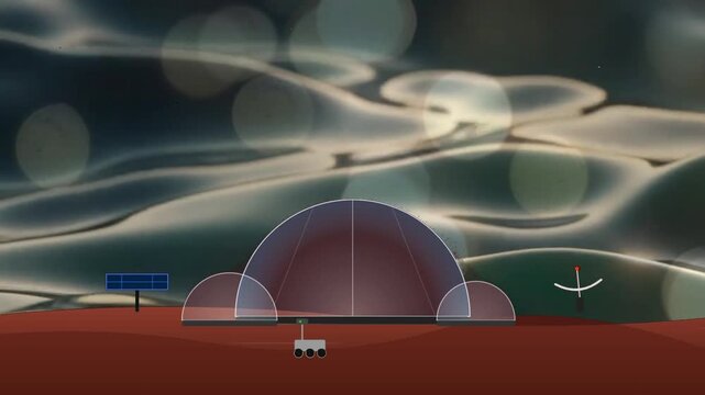 Futuristic research station with rover on alien planet surface