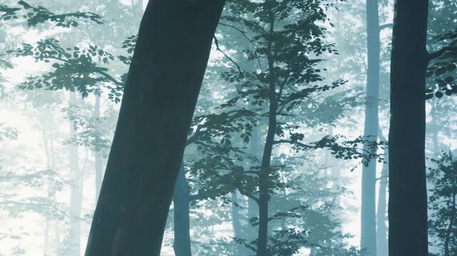 Tall trees stand in a forest shrouded in fog during the morning. Soft light filters through the leaves. The scene captures nature and calmness. It invites people to explore the area.