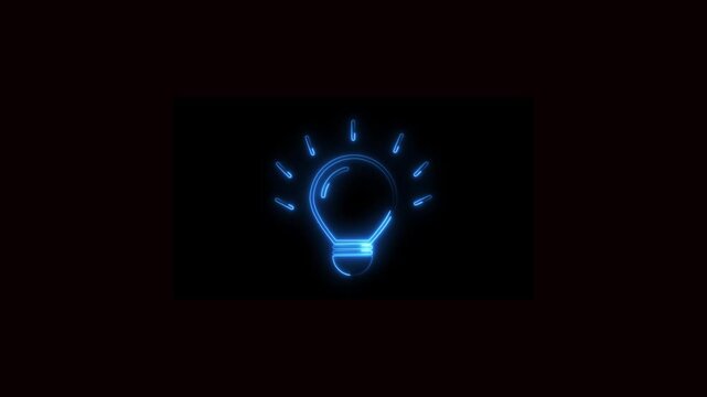 Glowing neon light bulb icon with a pink lightning bolt symbol inside and a cyan blue base, minimalist electrical energy sign on a dark background, vector illustration.4k animation video