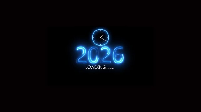 New year 2026 loading animation. Neon new year text animation. New year timer clock icon animation.2028 Loading Overlay with Glowing Segmented Progress Bar Text at Bottom Neon Style.4k animation video