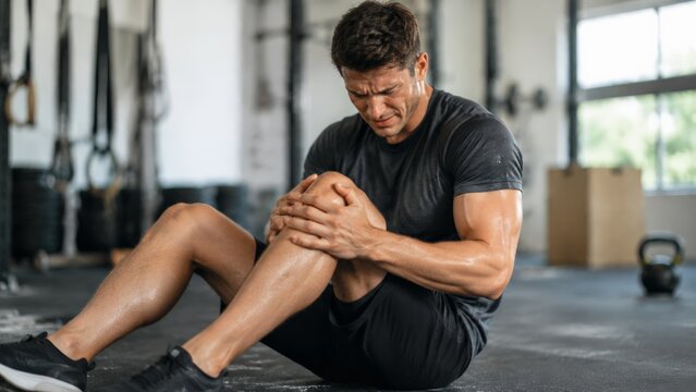 Muscular man in workout clothes sits on a gym floor holding his knee with a pained expression. The scene shows weight training equipment and kettlebells in