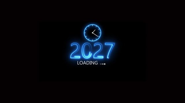 New year 2027 loading animation. Neon new year text animation. New year timer clock icon animation. Loading Overlay with Glowing Segmented Progress Bar Text at Bottom Neon.4k animation video