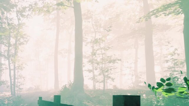 A dense fog covers the forest. Tall trees stand in the mist, creating a mysterious atmosphere. A simple wooden fence is in the foreground, marking the edge of a path.