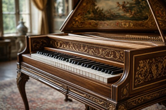 Baroque harpsichord with detailed woodwork and black and white keys.