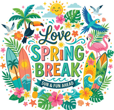 Colorful spring break illustration with tropical vibes