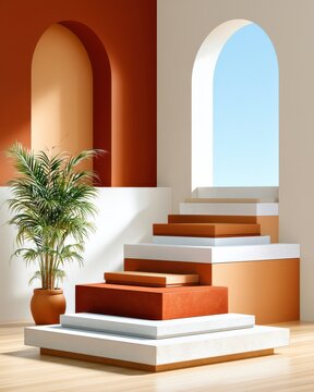 Minimal architectural interior with terracotta platforms, arched window and potted plant in modern style