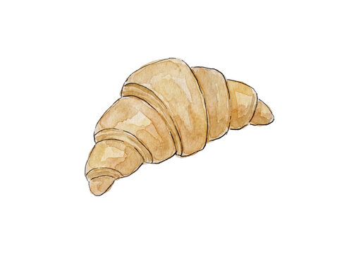 Hand-drawn watercolor illustration of a delicious golden-brown French croissant pastry, freshly baked and isolated on a clean white background, perfect for bakery menus or elegant recipe designs.