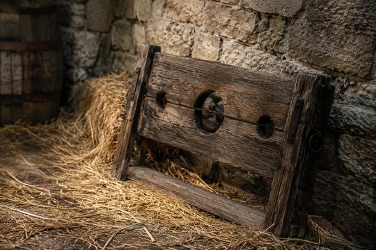 A rough wooden pillory in hay against a stone castle wall.