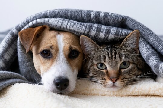 The Dog and Cat Snuggling Under a Cozy Blanket in a Warm Home
