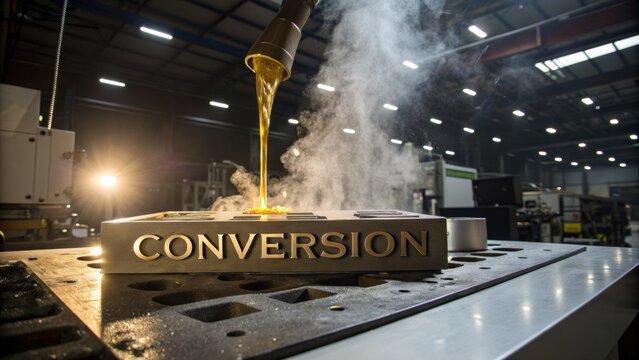 Melting metal production in industrial workshop showcasing conversion process with steam and bright liquid metal flow
