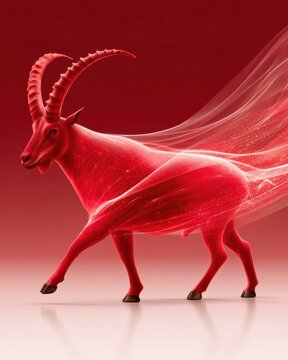 Minimalist glowing red goat with flowing fire-like particles evoking luxury and abstract motion