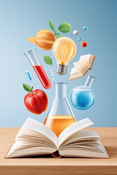 Open book with floating science and learning elements including beakers, lightbulb and apple